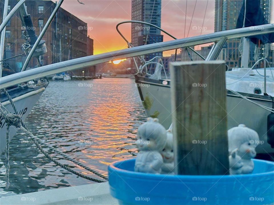 This is the charming view from aboard “Salvation” at “Newtown Creek” by the “Pulaski Bridge” in LIC, Queens, the “28 ft 1969 Luhrs” cabin cruiser that is home to myself and my longtime partner “Timothy Trespas”. 2024. Hypnotic Productions