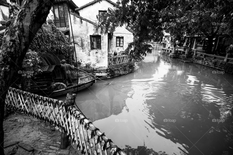 Asia china water town rain day a canal black and white old town