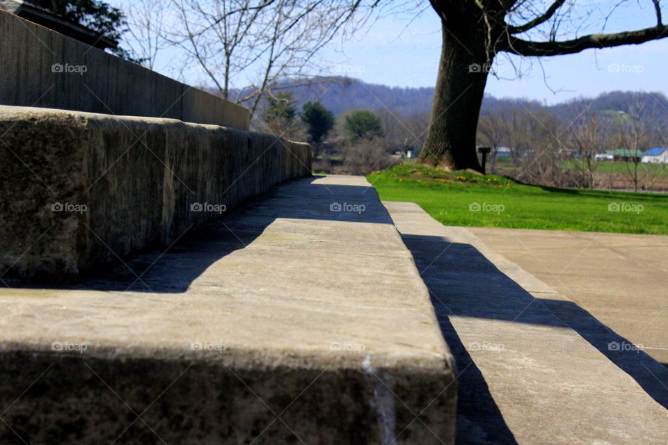 This is a up close picture of concrete steps with a tree in the background.