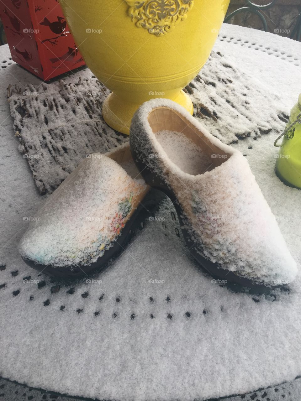 Frosty wooden shoes