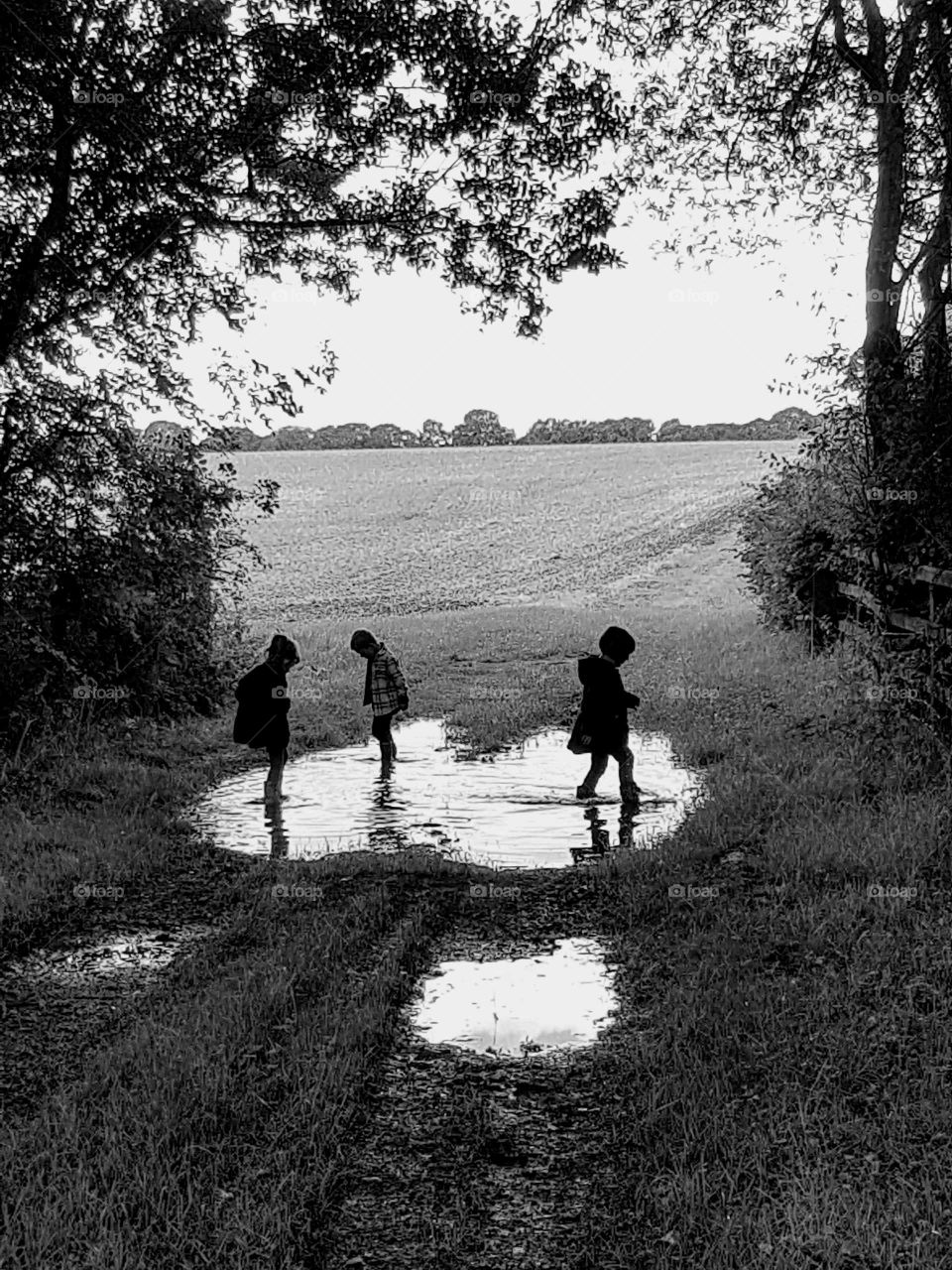 children playing in puddles and having fun
