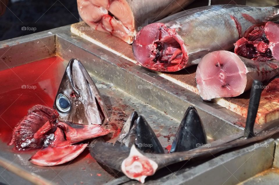 cutted swardfish at the fish market of Catania, Sicily