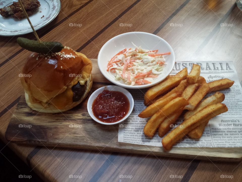 Lunchtime. Pork burger & coleslaw