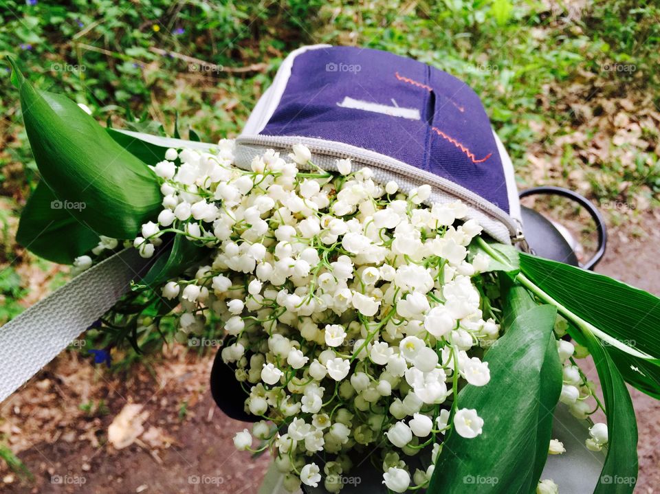 Lily of the valley bouquet on the bicycle