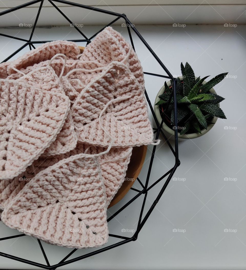 Patches of crochet blanket in progress