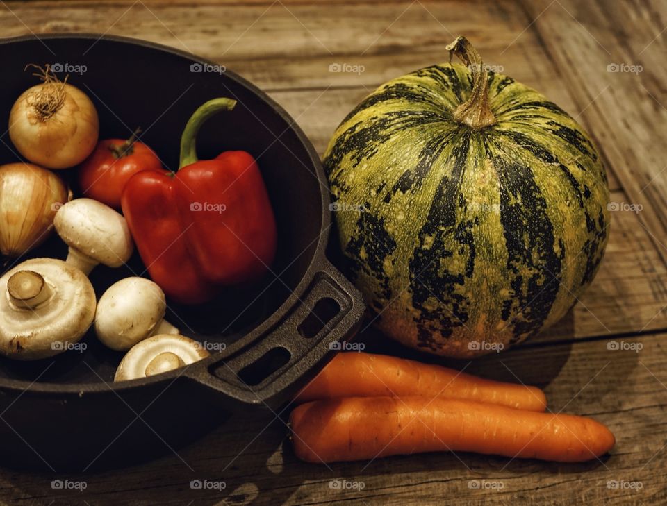 Food ingredient close-up pumpkin pepper tomatoes champignons carrot wood background table still_life vegetable freshness agriculture
