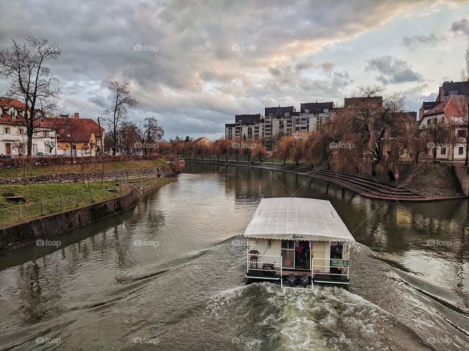 River in autumn city center of Ljubljana.