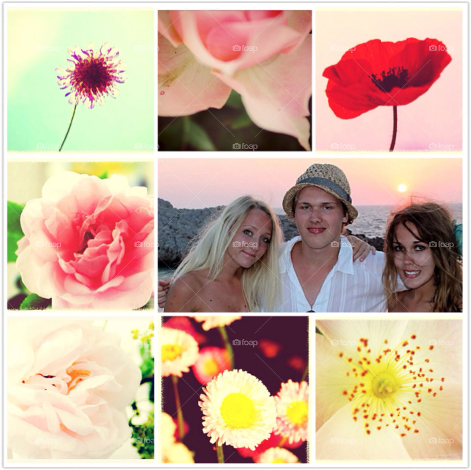 Summer collage. Collection of different Summer photos of young people and flowers
