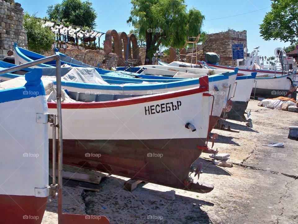 village fishing boats in nessebur black sea Bulgaria