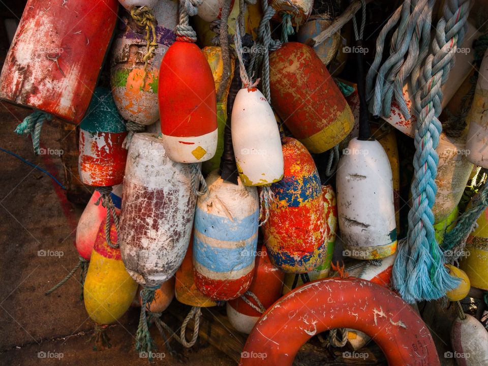 Colorful buoys as decoration in a fishing village