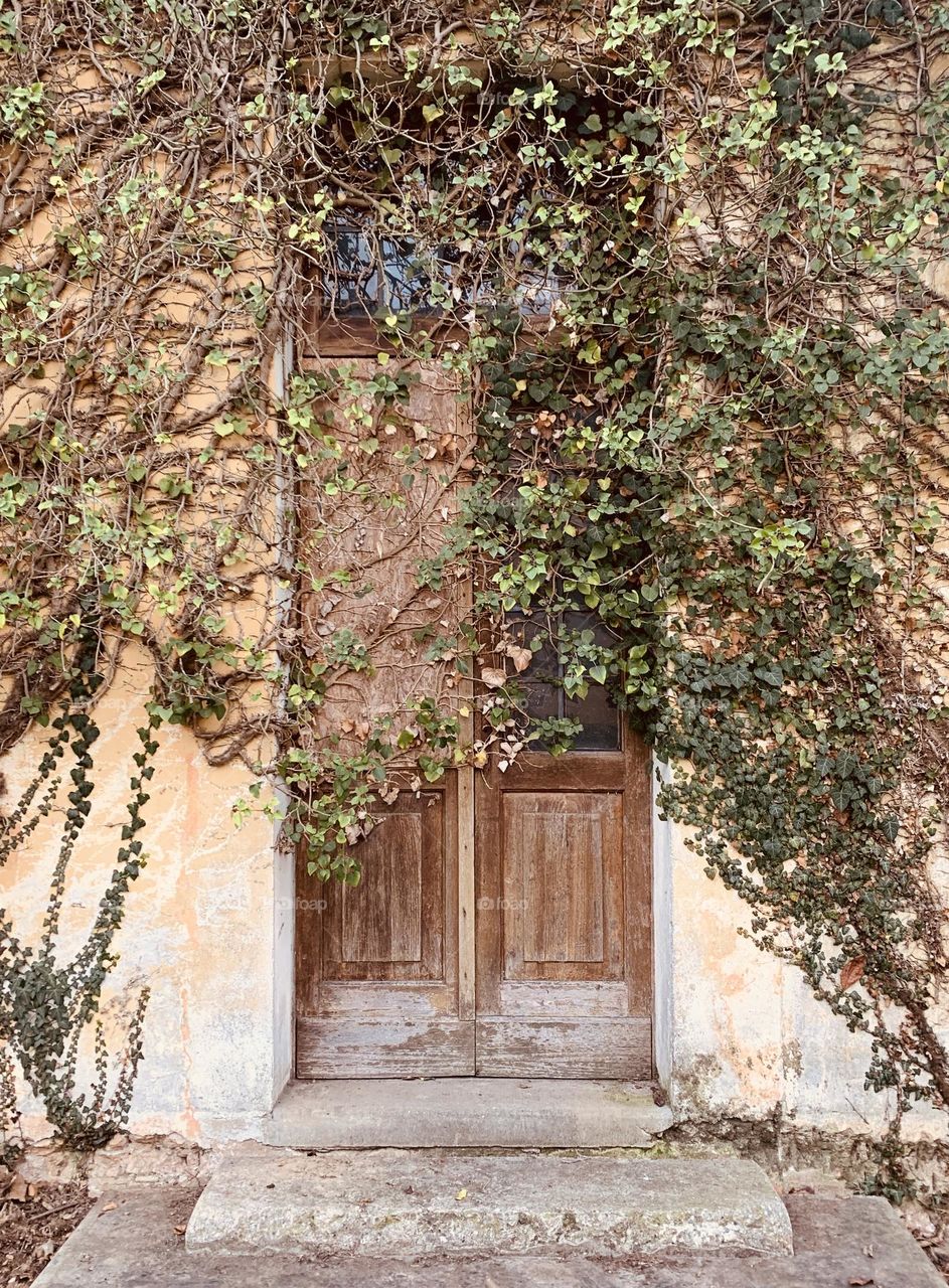 a closed door of an abandoned building lends itself to multiple interpretations