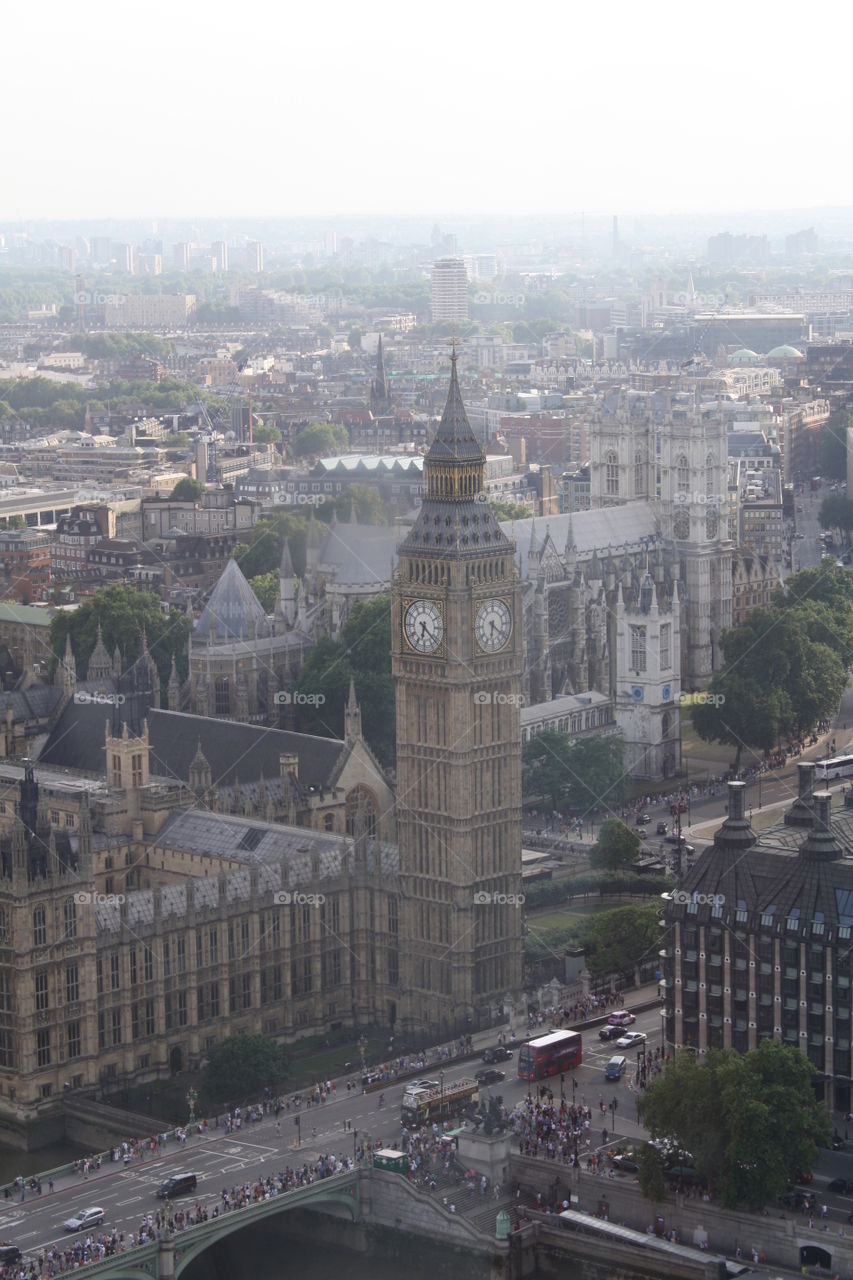 An aerial view of the Big Ben as well as the rest of London from the London Eye in the sky