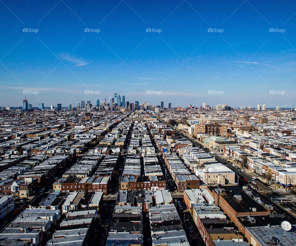 View of Philadelphia Skyline from 400 feet over South Philly. 