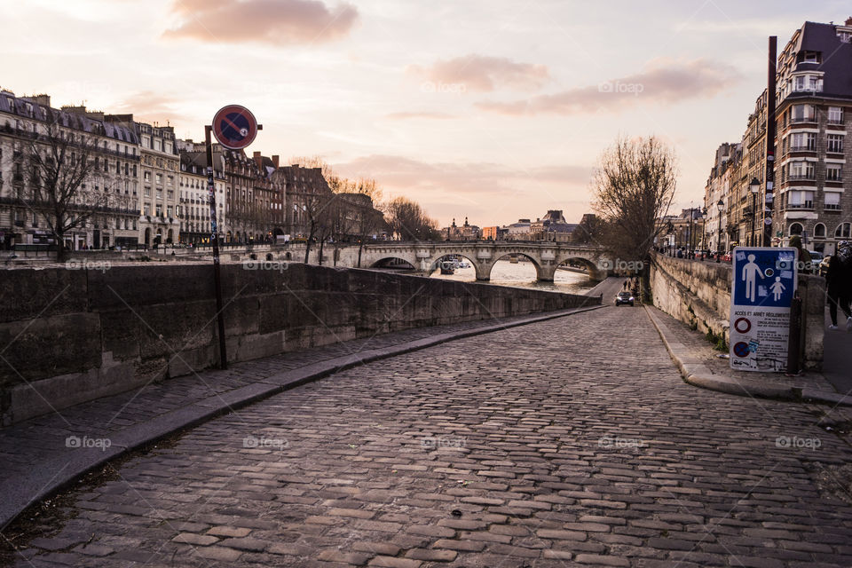 bridge, Seine river, sunset sky, buildings, France! beautiful view of Paris