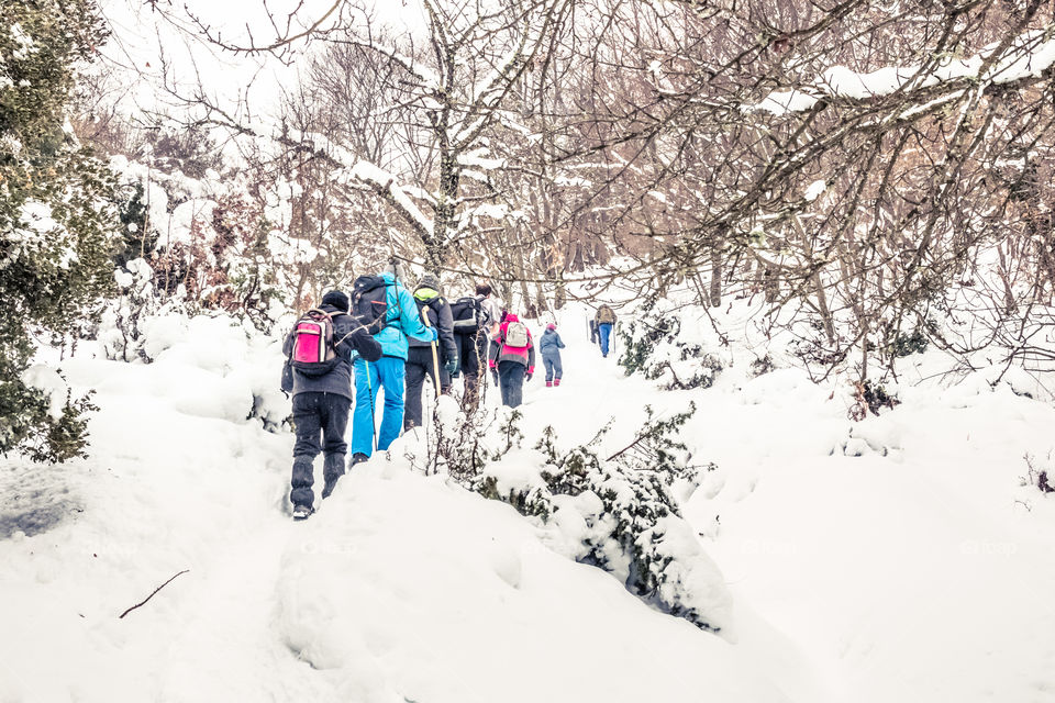 Group Of People Hiking On Snowy Mountain In Winter
