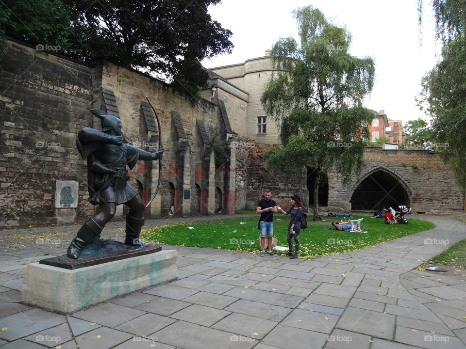 Statue of  Legendary Robin Hood the famous archer outside Nottingham castle, Nottingham, England, UK