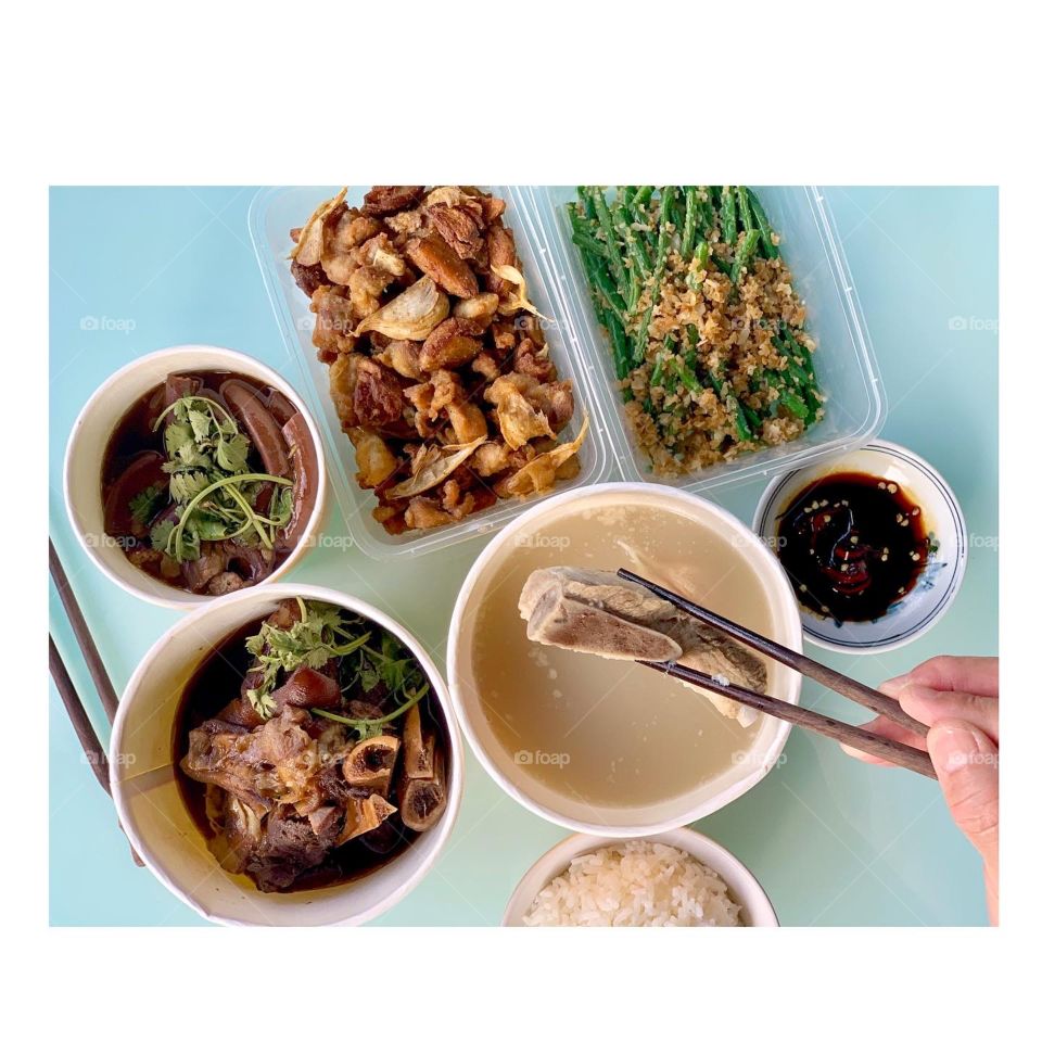 Teo chew bak kut Teh with fried chicken garlic, French beans with hae bee hiam, pig trotters and intestines meal