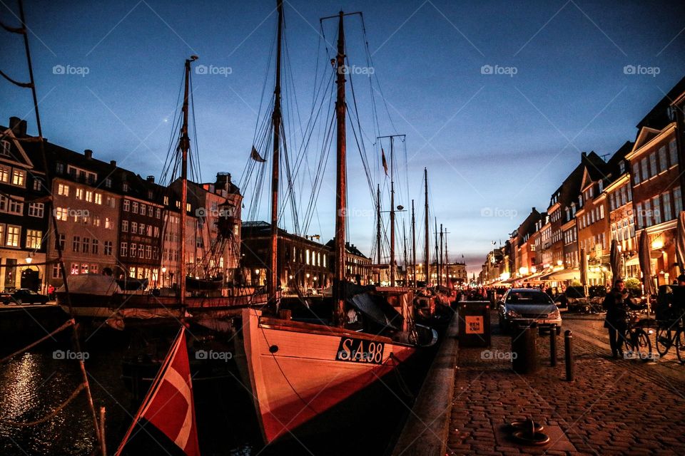 Nyhavn Harbor in Copenhagen at dusk