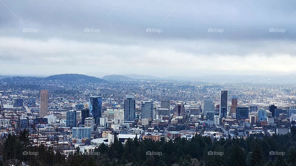 cityscape view of Portland Oregon from a mansion on the hill