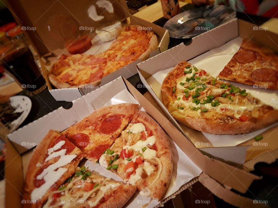 High angle view of pizza slices