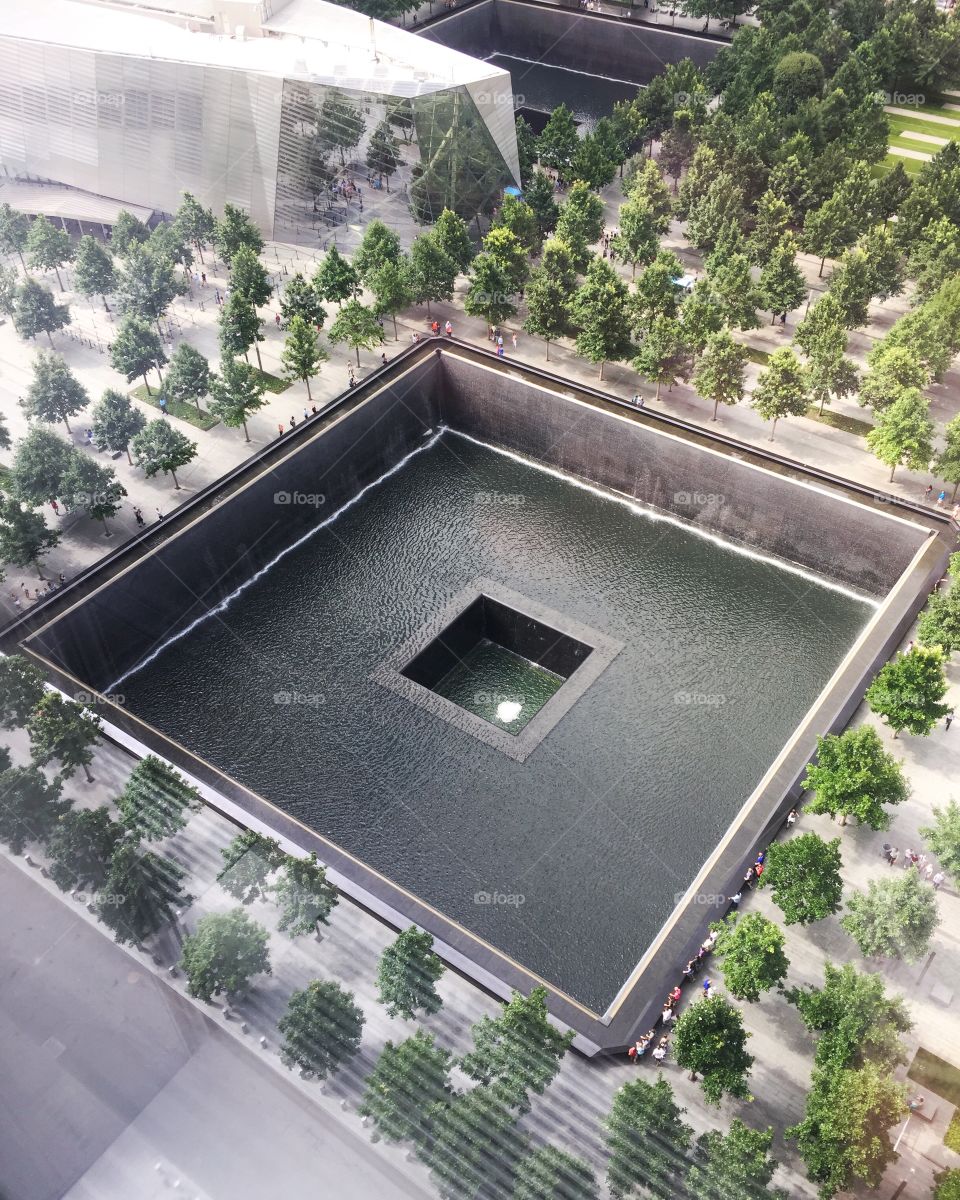 Aerial view of Ground Zero reflecting pools from One World Trade Center