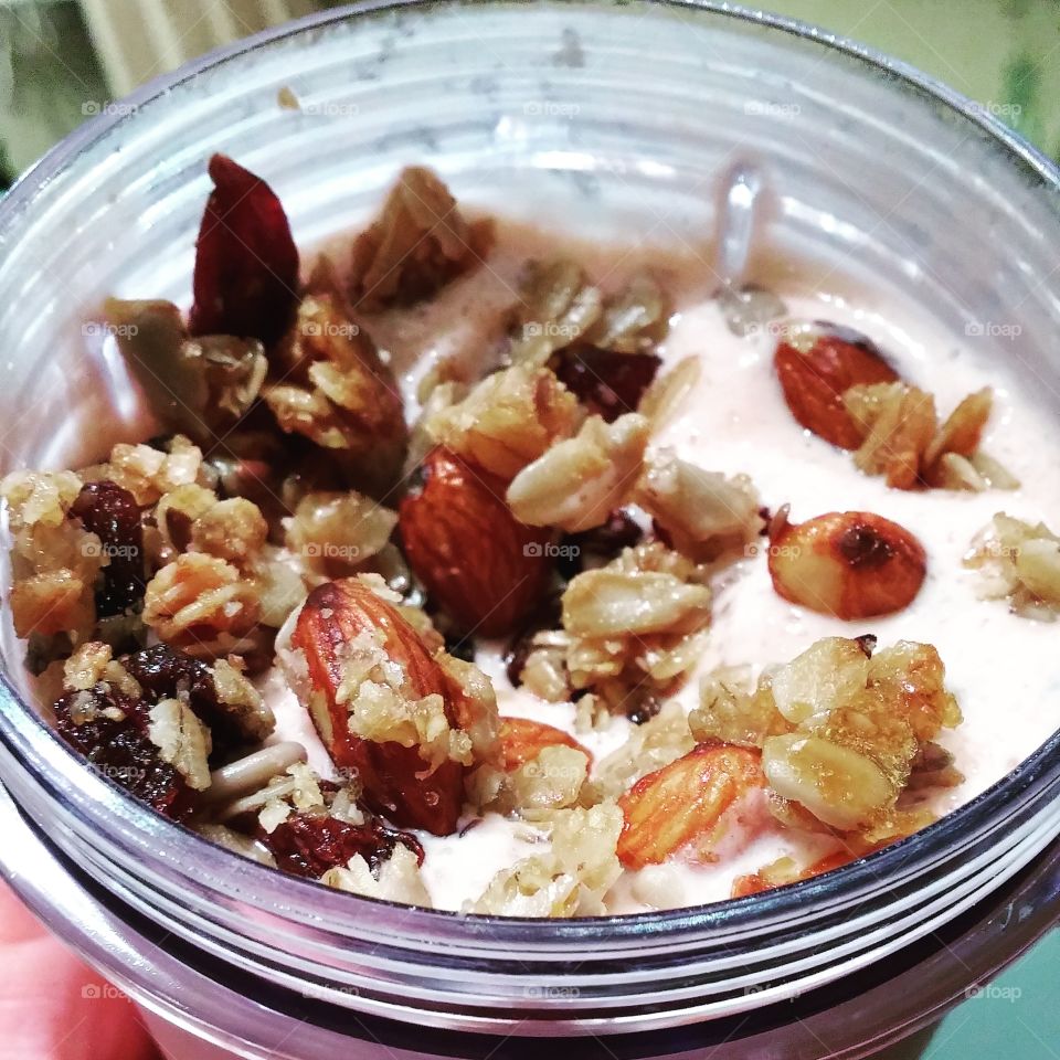 After Workout Delight. We all need good nutrition, especially after we workout. This was a delicious strawberry and cream protein shake with a handful of flax seed granola.