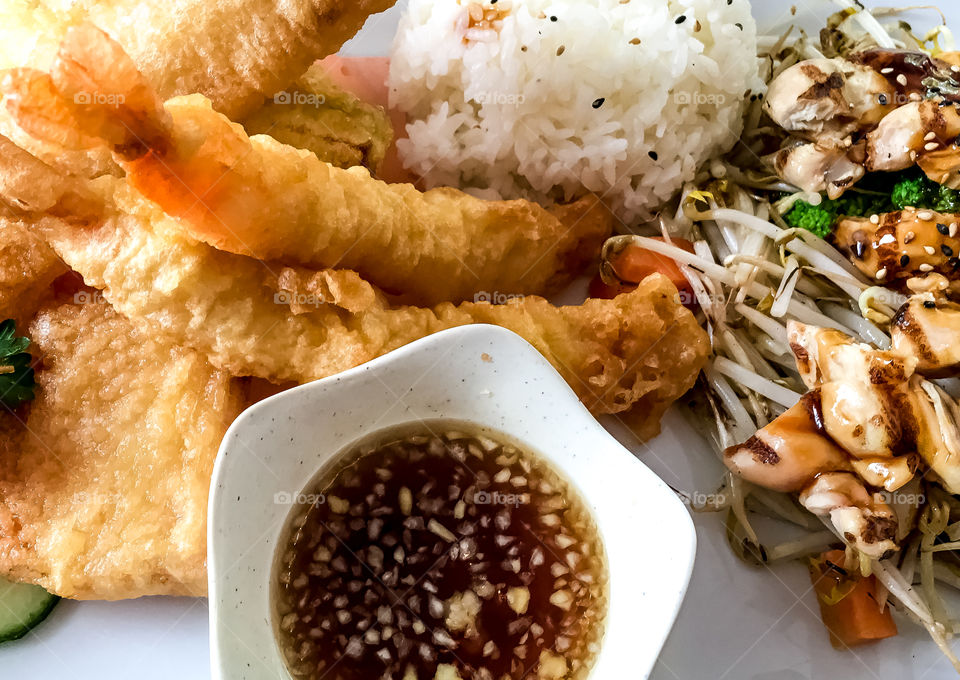 High angle view of Japanese food