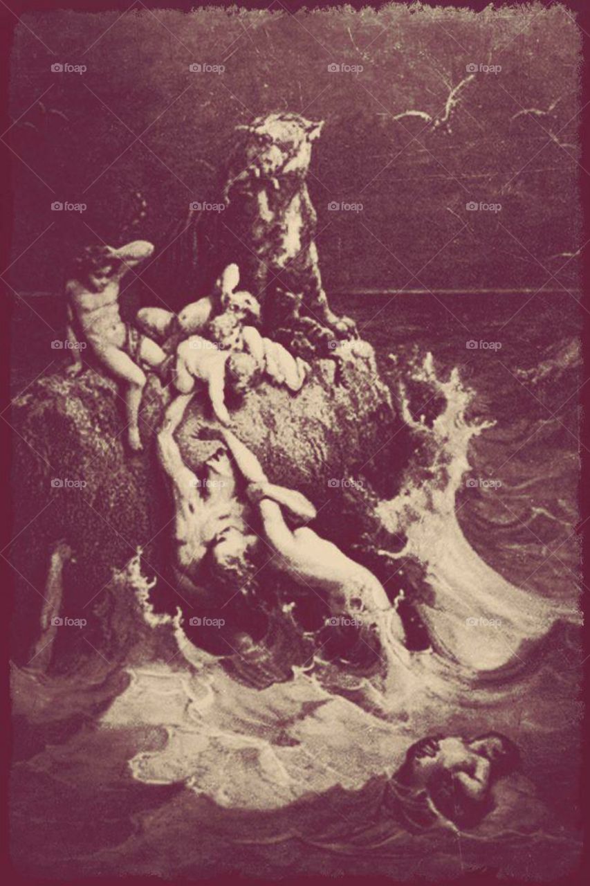 It's by Gustave Doré, usually considered a master engraver, this image is a powerful depiction of the doomed men and beasts in the story of Noah's Ark trying desperately and futilely to save their children.