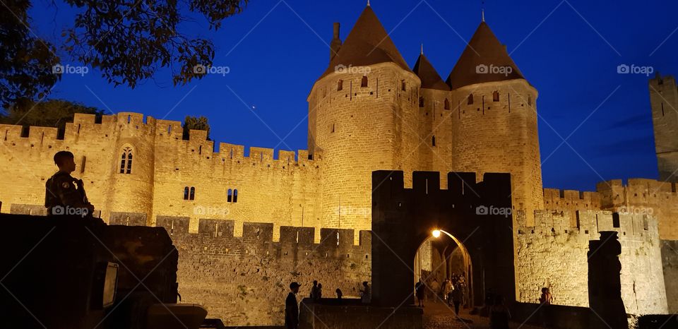Carcasonne Castle France armed soldier / guard at night