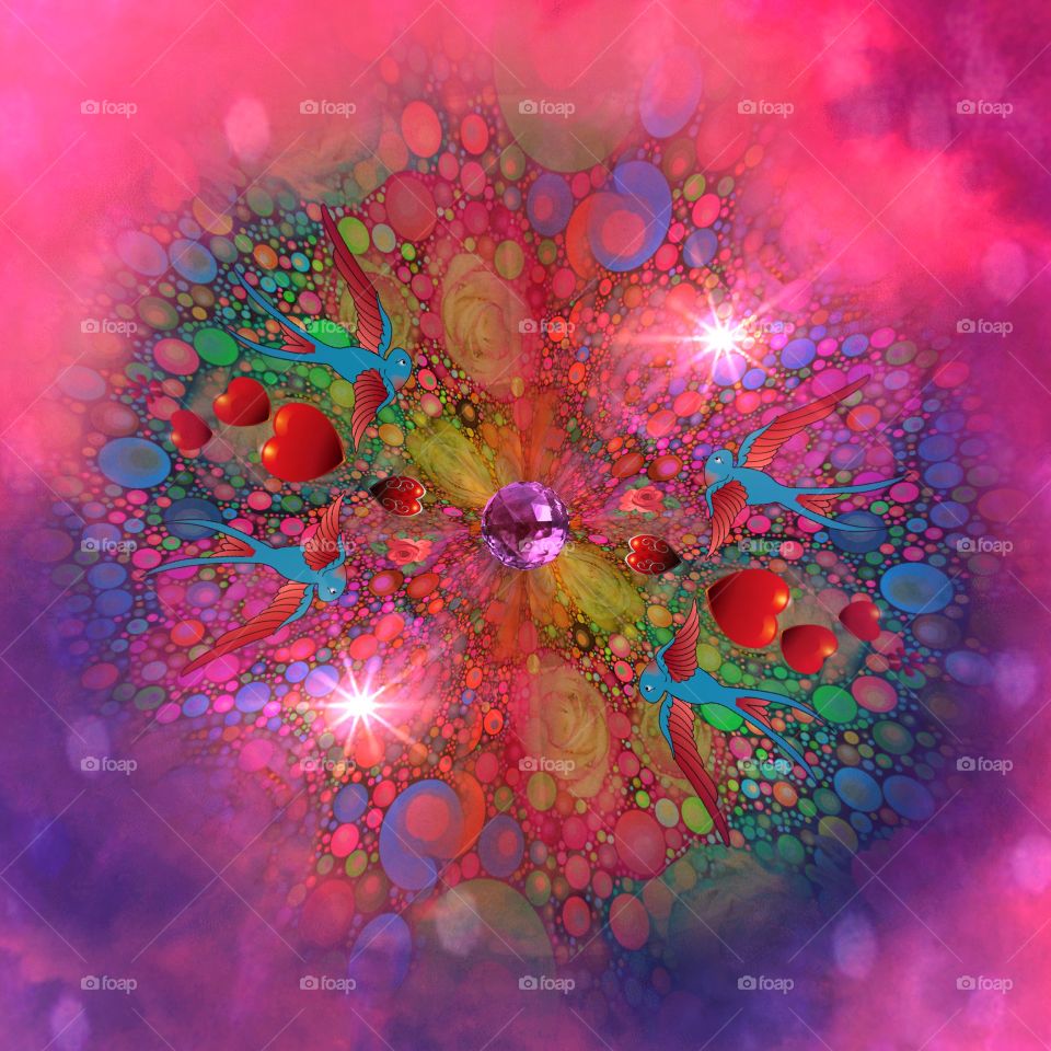 Psychedelic abstract with hearts and bluebirds of happiness.