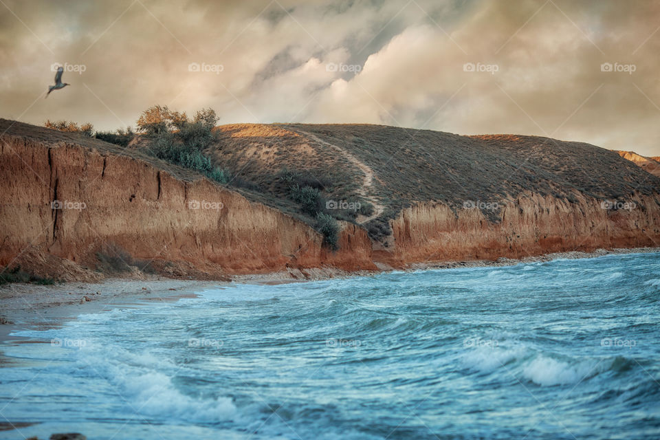 Seascape on sunset. Crimea, Black Sea, West coastline