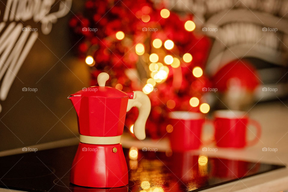 cup of coffee in a cozy festive Christmas atmosphere