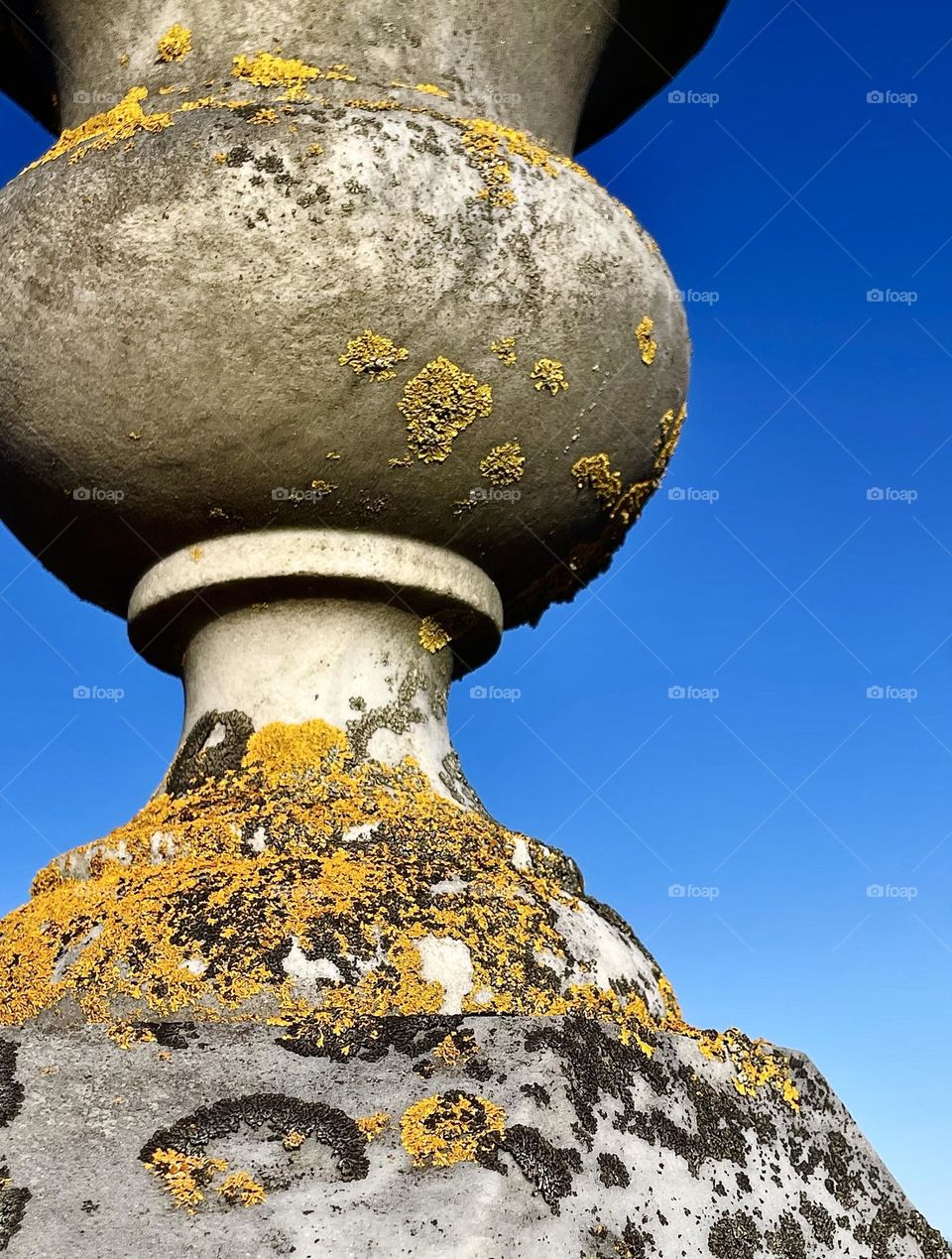 Nature and time begins its slow assault as lichen creeps up the base of a stone urn.