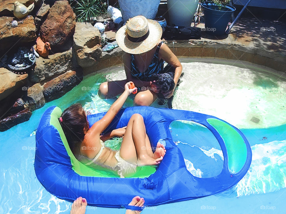 swimming with great grandma and dog