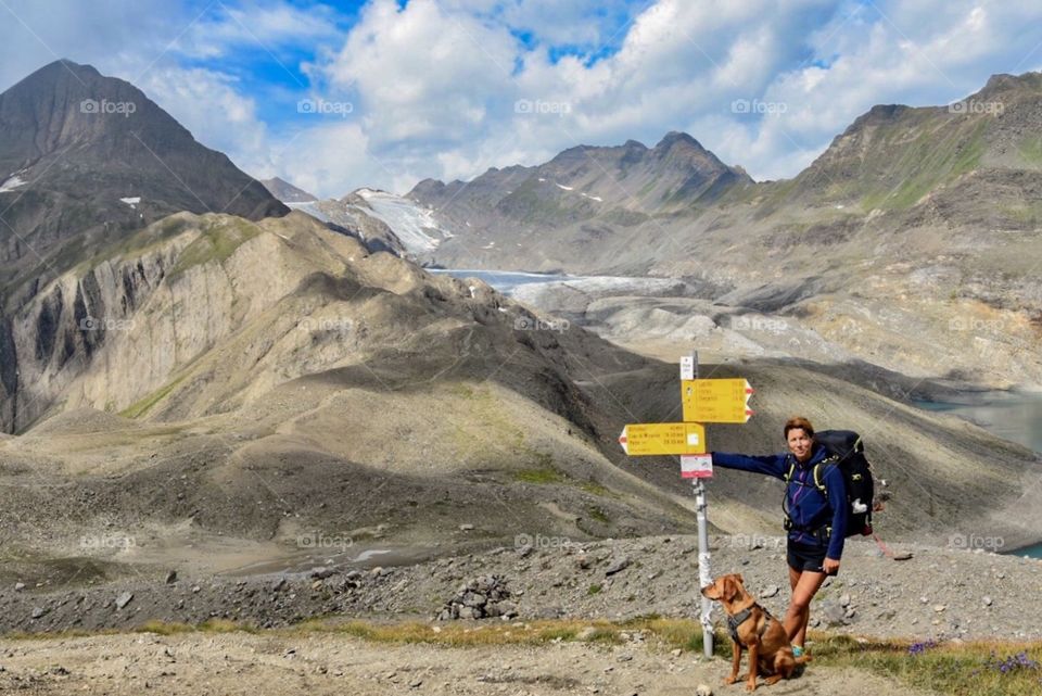 hiking with dog, swiss/italian alps.