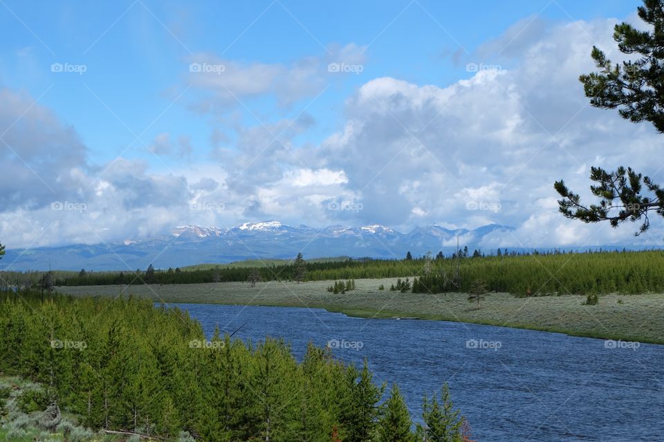 River Mountains Forests. River bank, Mountains, Forests, clouds