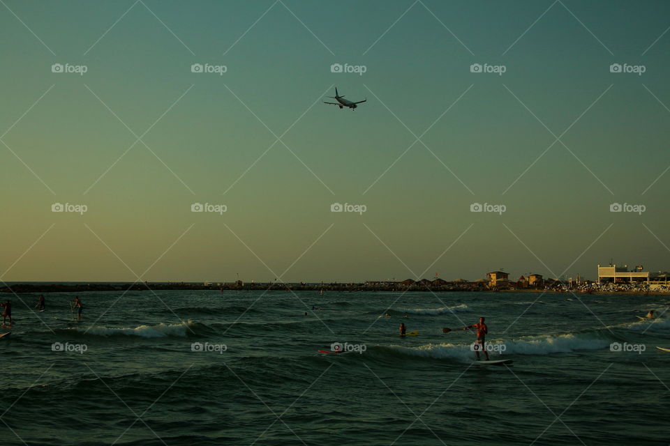 tel aviv beach. people swiming in tel aviv