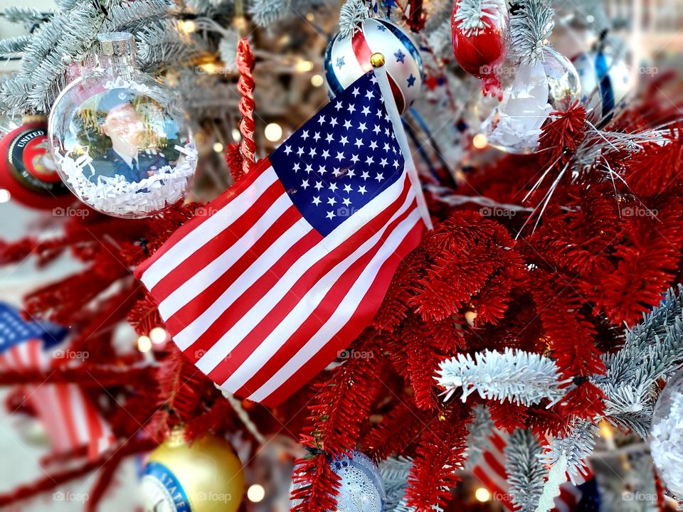 Patriotic Christmas trees close up with the American flag