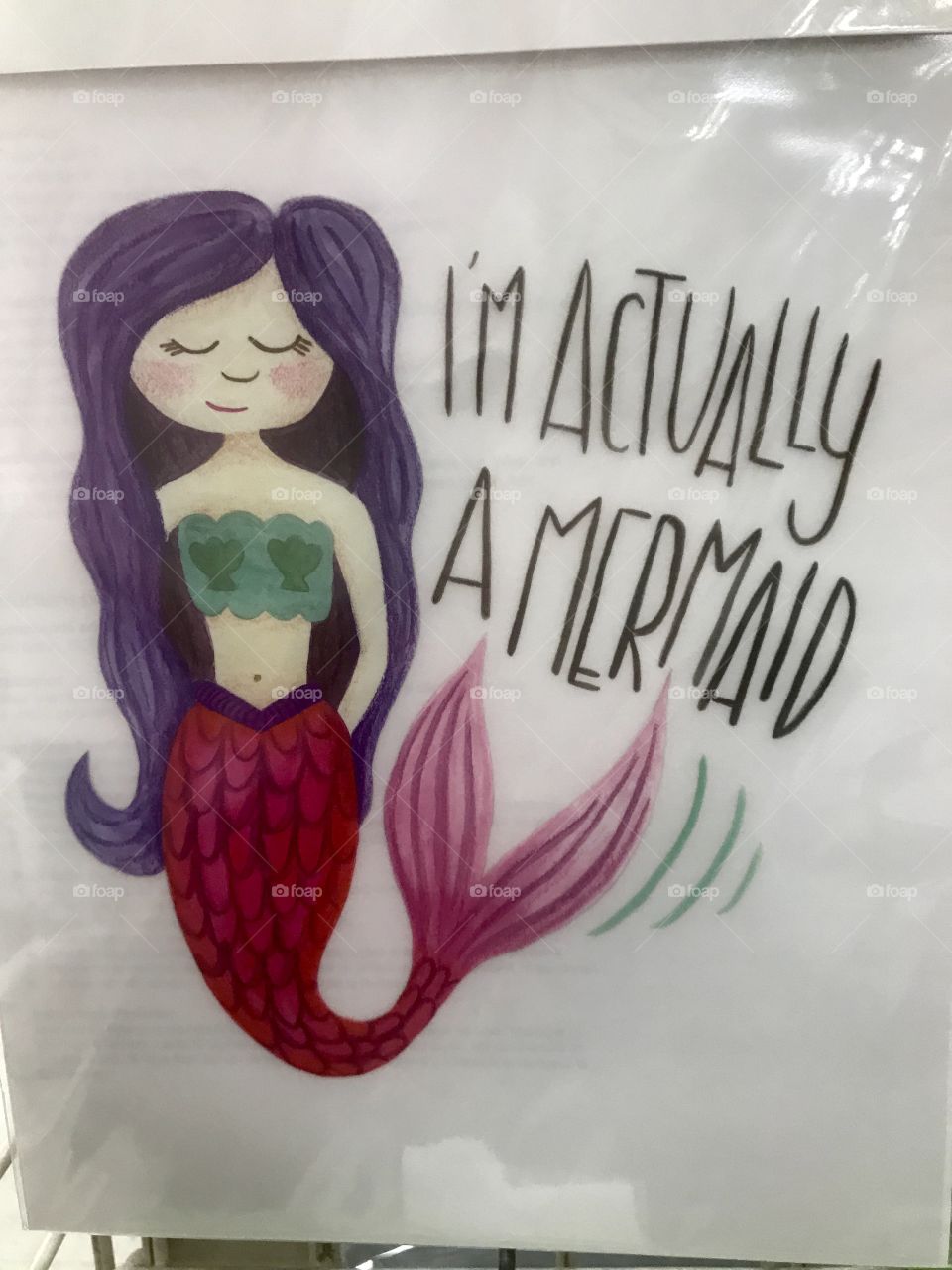 A cute image of a mermaid with long purple hair and a pink, red colored tail saying, I’m actually a mermaid. USA, America 