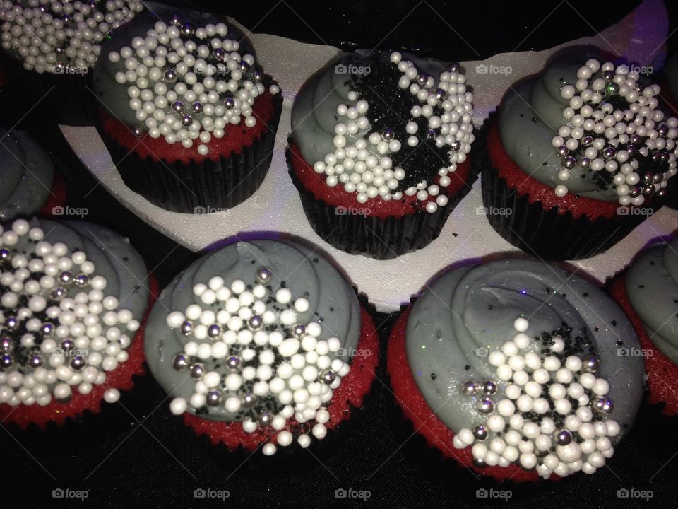 Ornate Gothic red velvet cupcakes with gray frosting