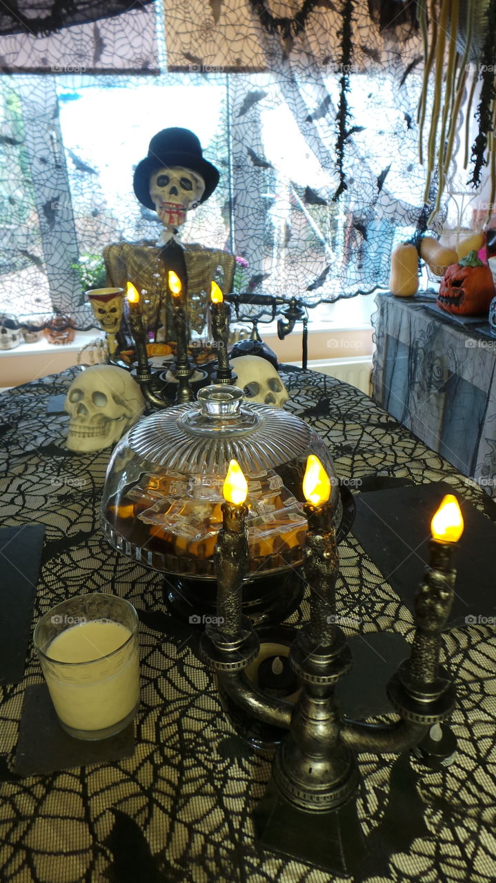 formal Halloween dinning . skeleton guest