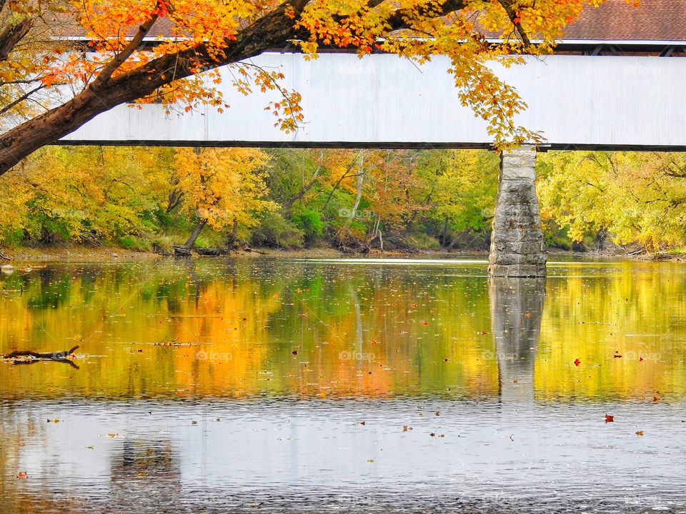 Fall on the river with the Covered Bridge in Indiana 