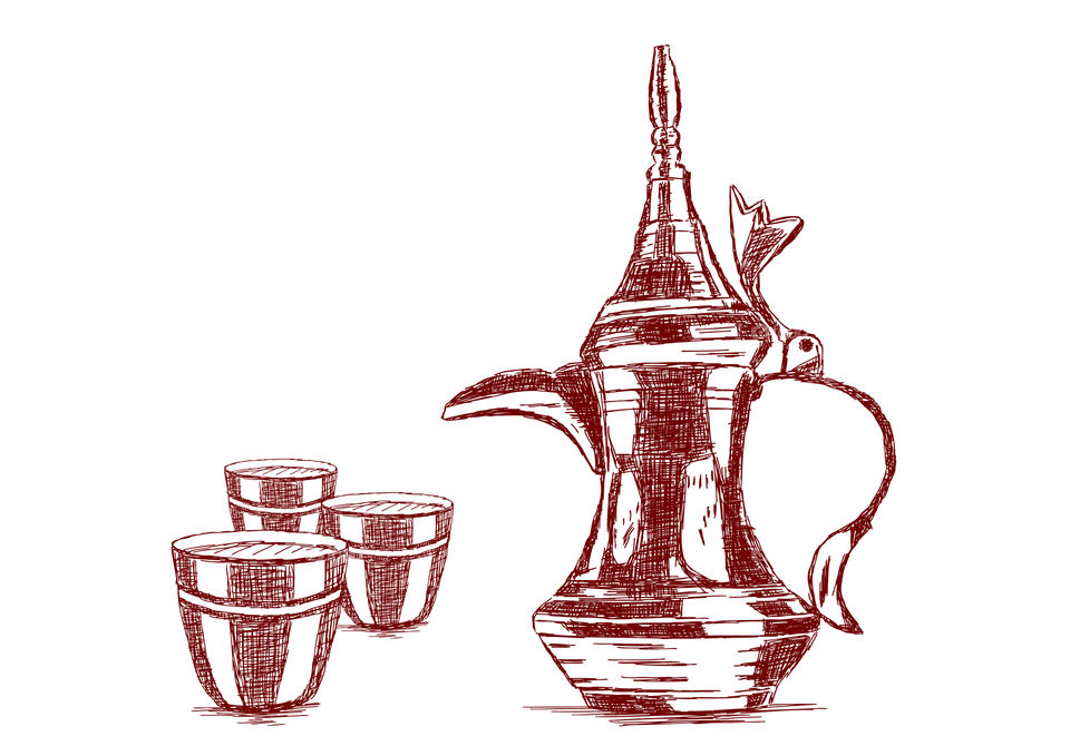 Old style Arabic coffee pot Dallah and coffee mugs