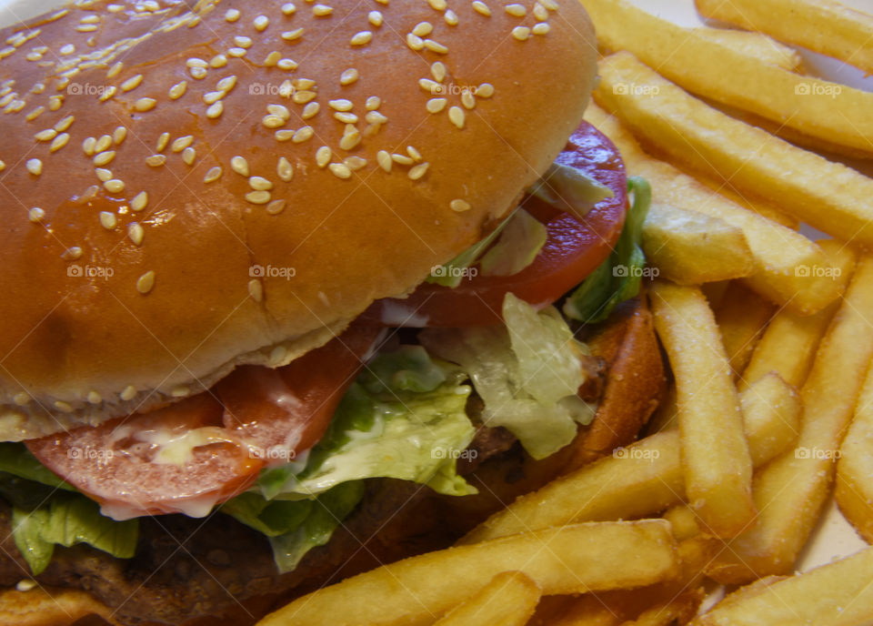 Hamburger with Tomato Lettuce and mayonnaise and a side of French fries 