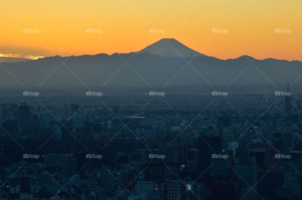 Silhouette of Mount Fuji at sunset