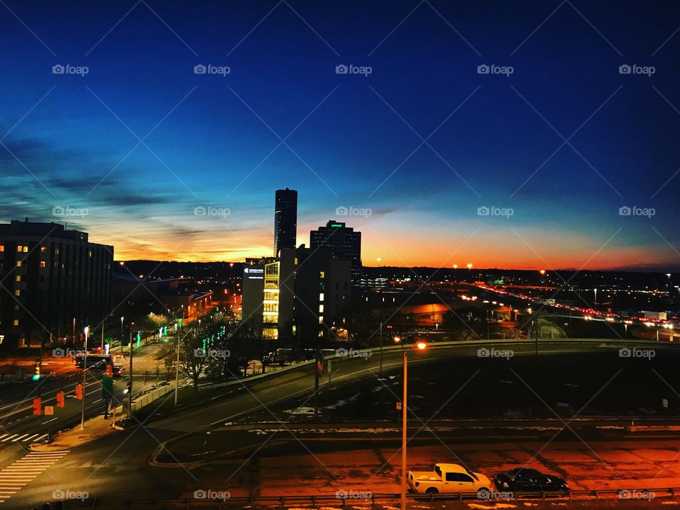 Downtown, Dusk, City, Traffic, Architecture