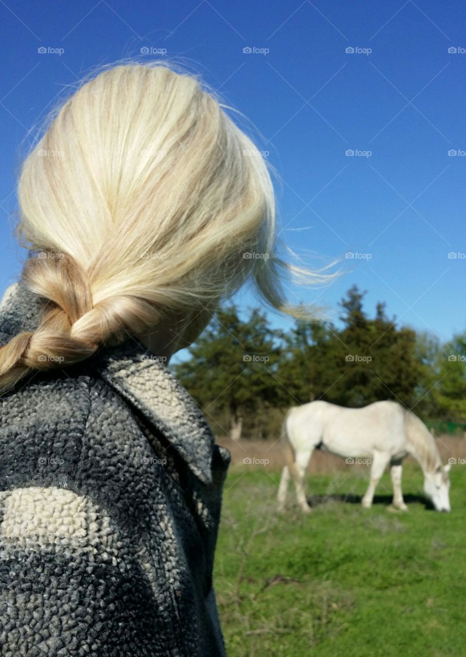 A blond woman looking at a gray horse under a blue sky