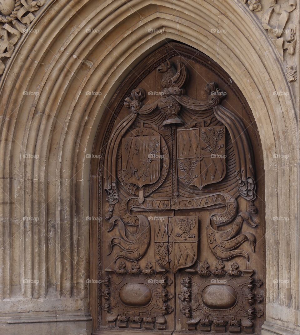Old and very thick wooden European doors with incredible texture and details to enter a cathedral. 