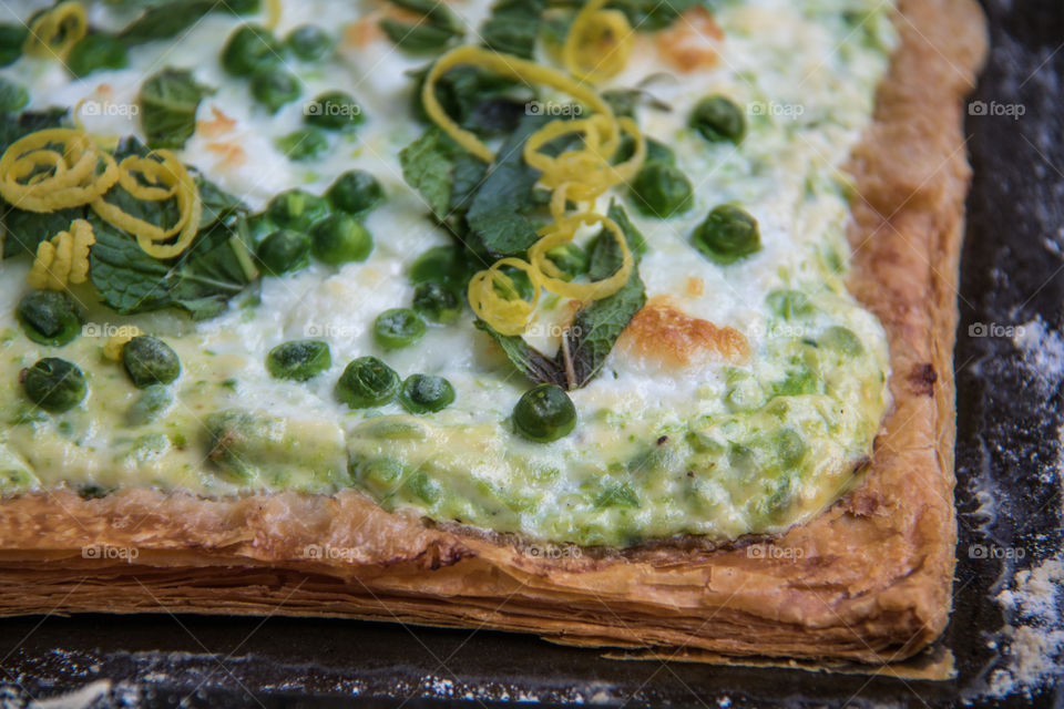 Close-up of puff pastry tart