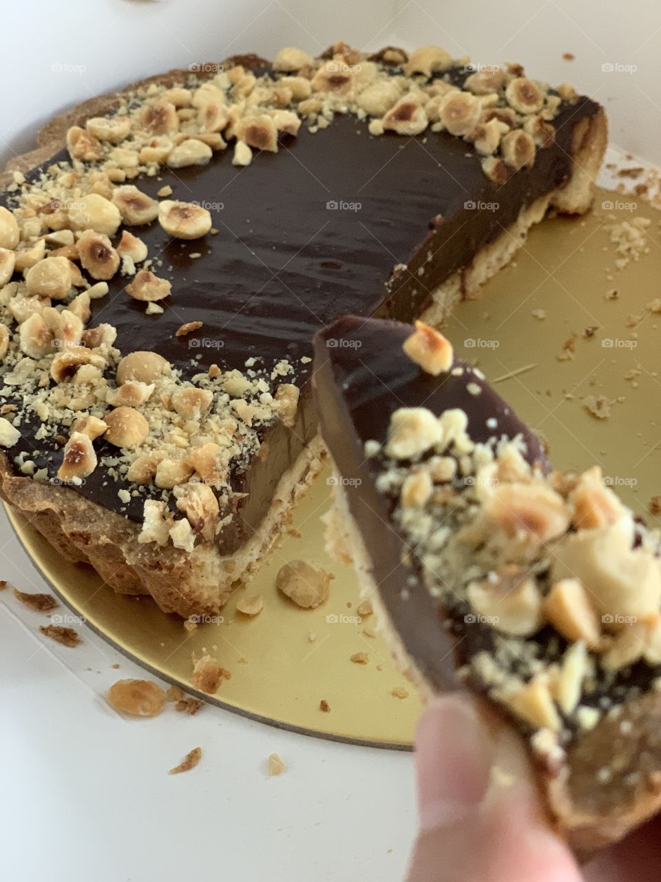 Hazelnut Nutella chocolate tart sliced up 